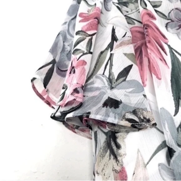 NEW Calvin Klein Flounce Sleeve Dress Ruffle Hem Floral White Lilac Pink Size 4 - Picture 5 of 13